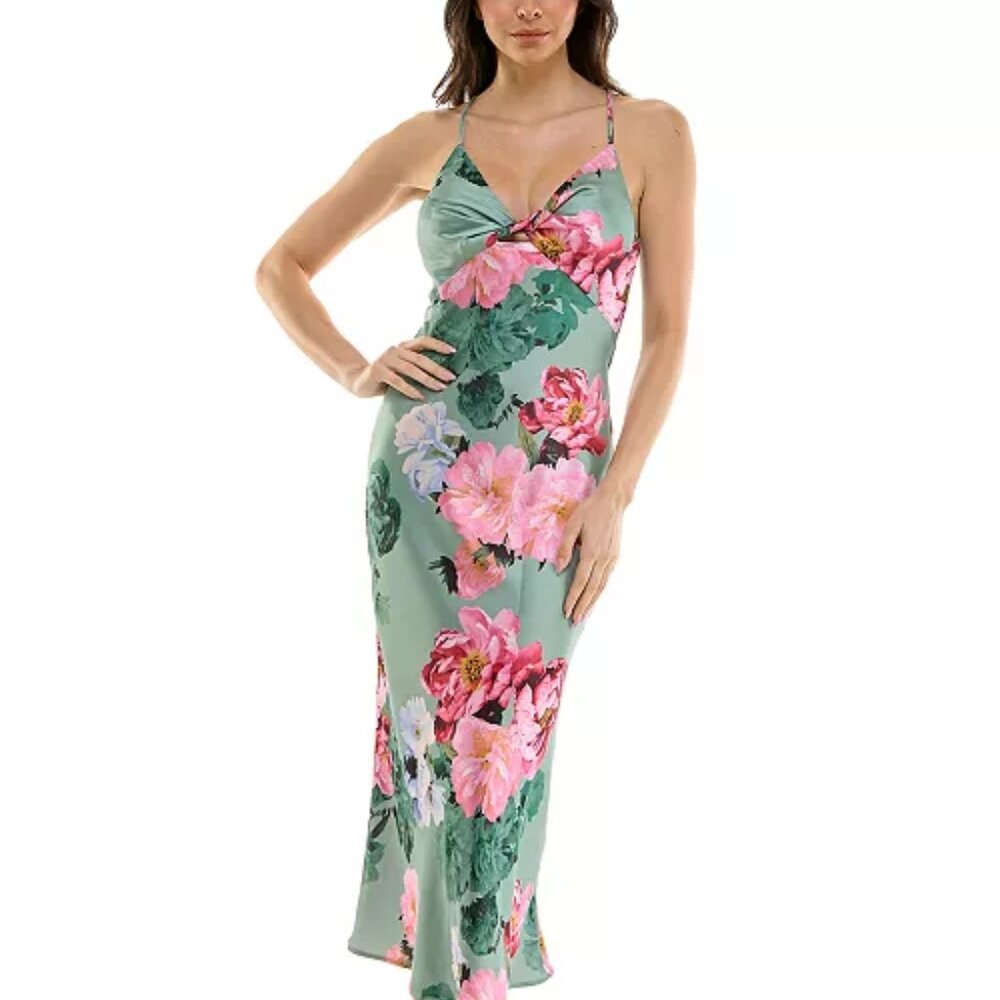 Katia Rae Floral Satin Twist Front Cutout Dress Juniors Wedding Guest Party M